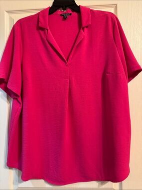 Hilary Radley Hot Pink Notch-Collar Short Sleeve Blouse